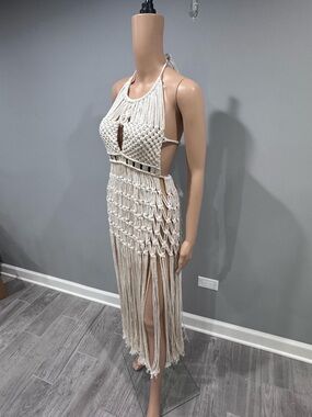 Boho Crochet Macrame Fringe Halter Dress - Cream